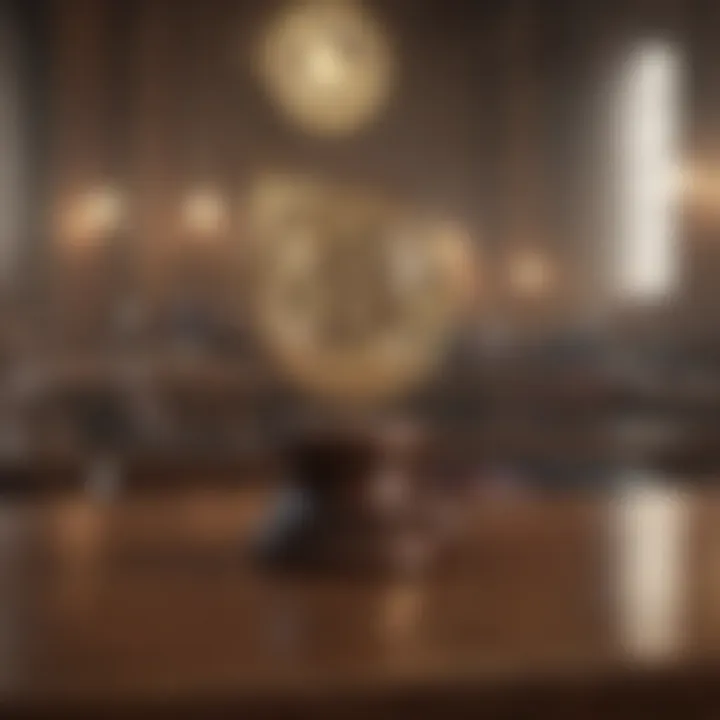 Symbolic depiction of a courtroom with cryptocurrency elements.