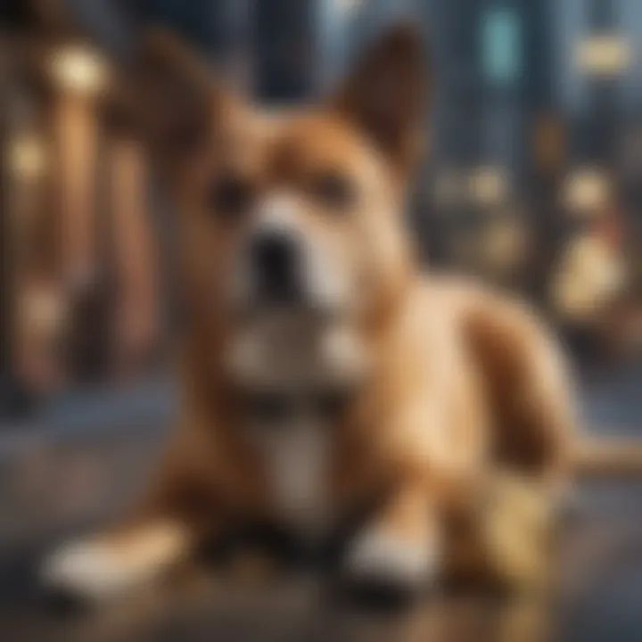 A futuristic depiction of blockchain technology integrated with dog-themed tokens.